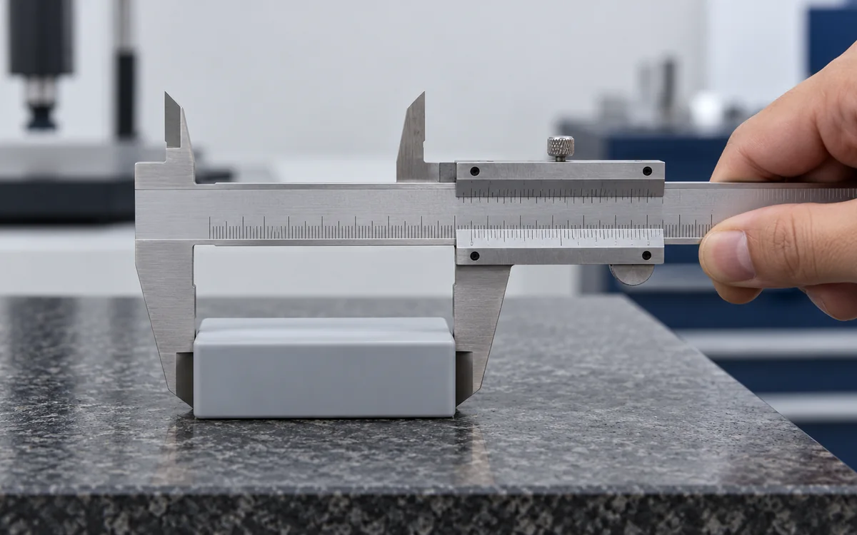 Illustrative vernier caliper checking the external width of a molded plastic feature at two opposing contact faces.