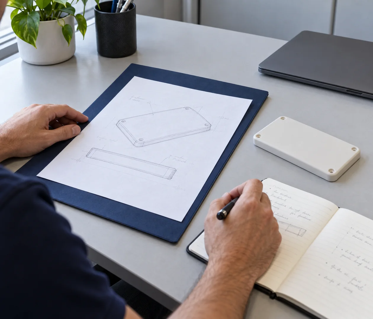 Neutral project-input package with a drawing, revision notes and a physical sample.