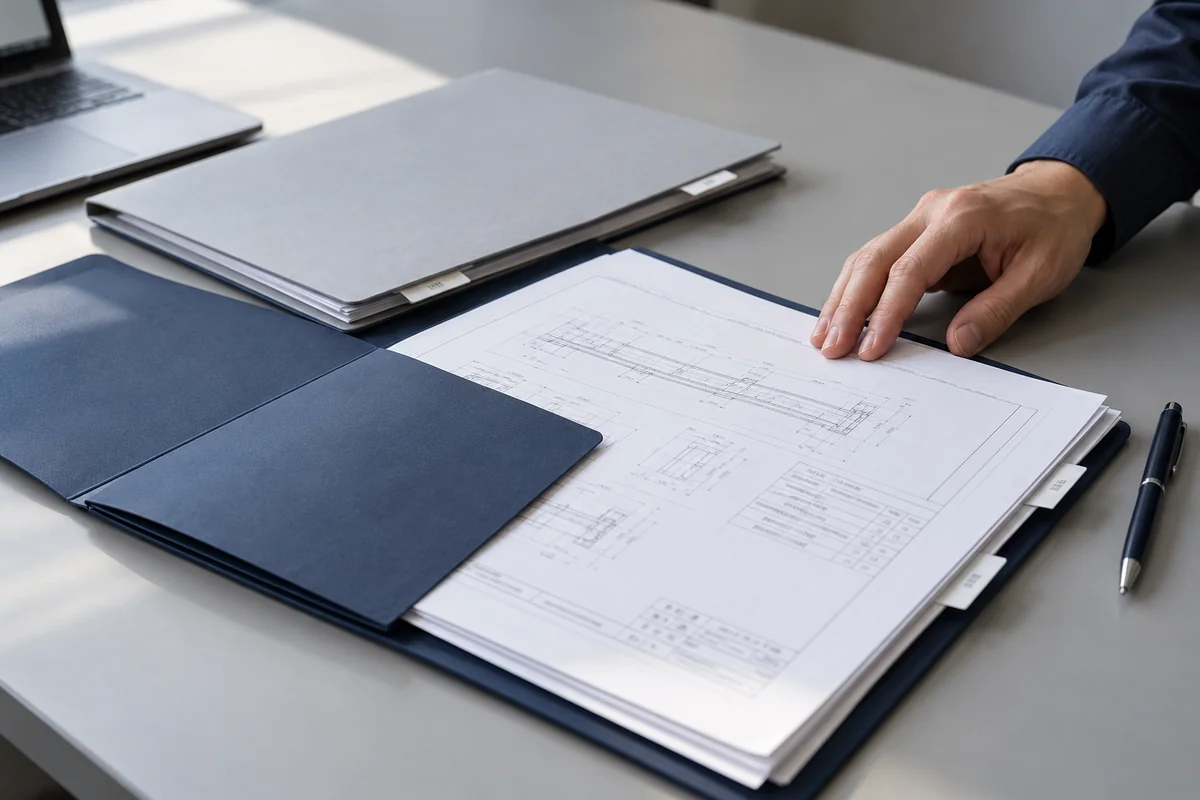 Illustrative component, diagram and document folder on a desk.