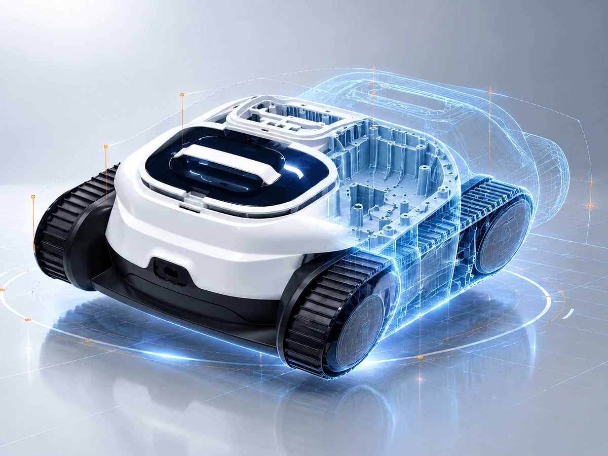 Robotic equipment with an open molded housing that exposes cover and repeated-assembly relationships.