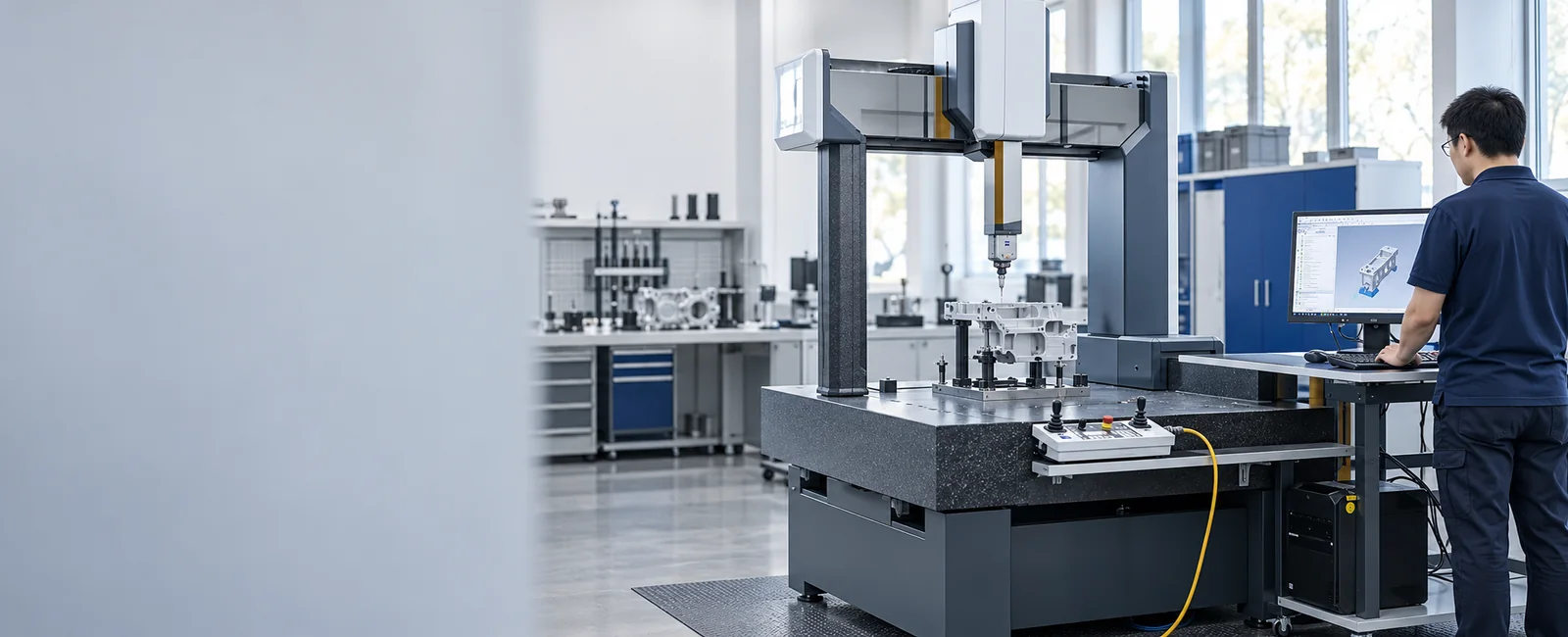 Illustrative inspection of a fixtured molded component in a precision metrology laboratory.