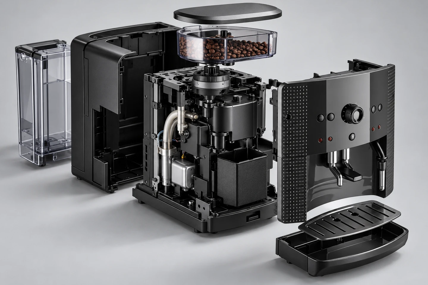 Coffee-machine application showing molded cover, control-opening and internal-support relationships.