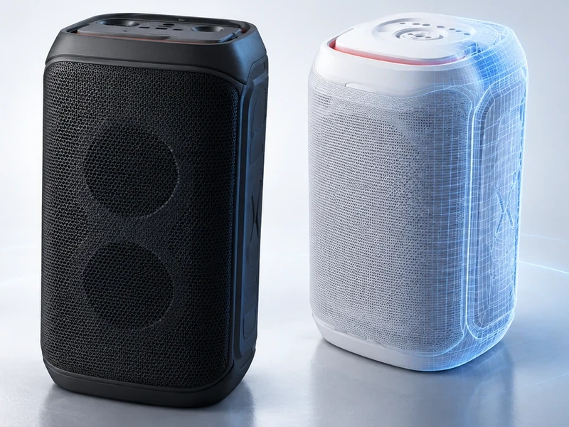 Molded audio enclosure and front-baffle context with visible surface and assembly relationships.