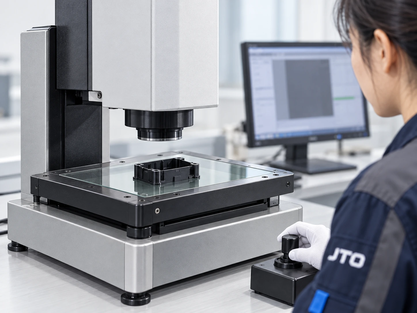 Quality technician in black gloves positioning a molded component for optical inspection