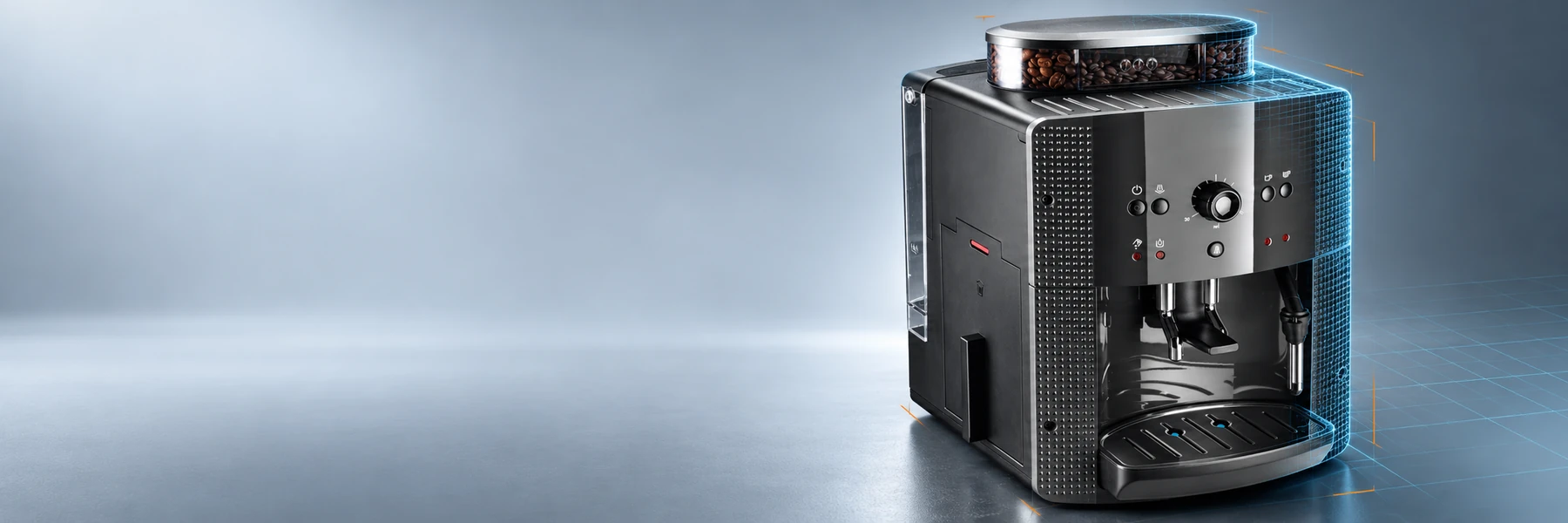 Coffee-machine application with visible molded housing and structural assembly context.