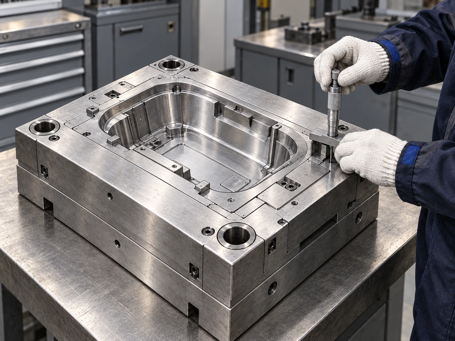 Black-gloved toolmaker checking a mold insert with a precision indicator