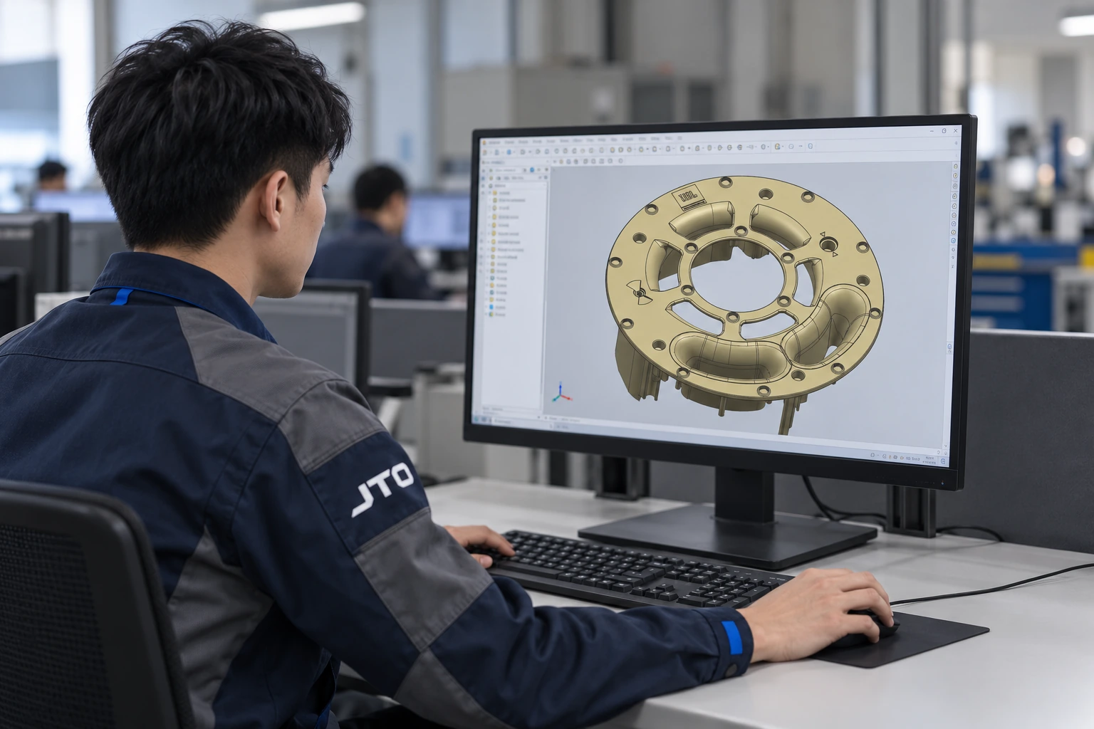 A component and drawing reviewed together in an engineering work context.