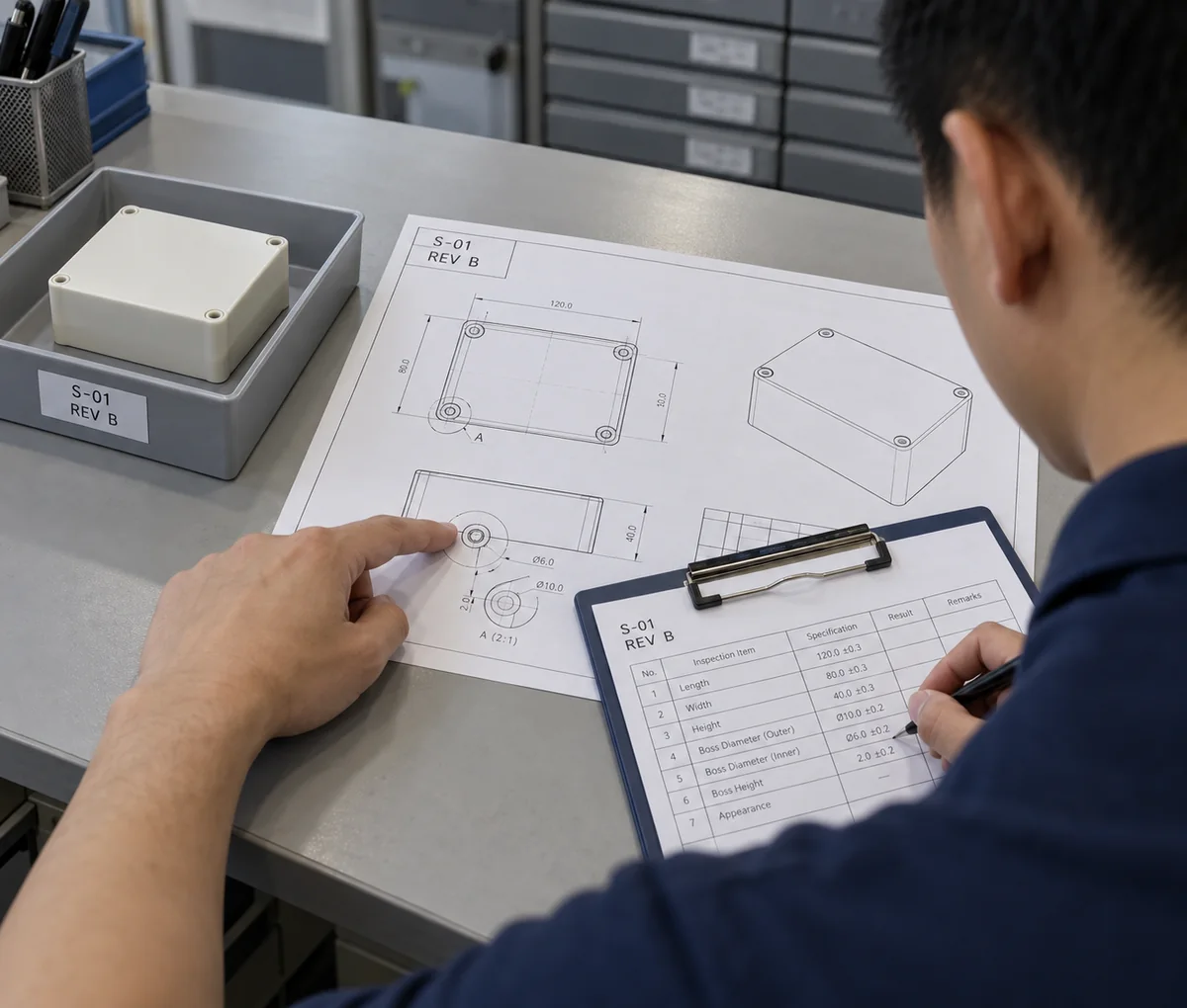 Illustrative comparison of a molded sample marked S-01 with a matching S-01 engineering outline drawing.