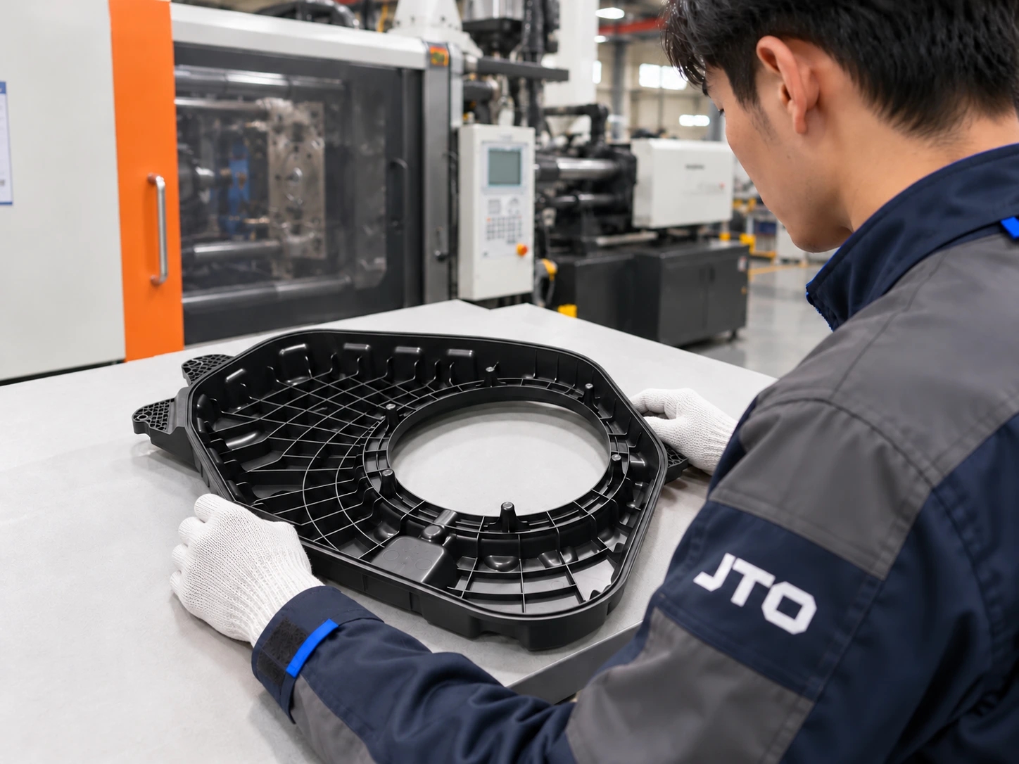 Technician handling a molded plastic housing beside a mounted injection mold in a press