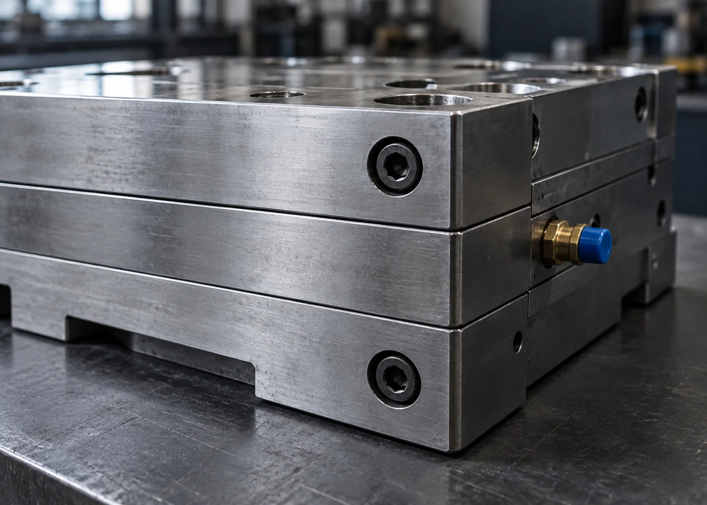 Precision mold components being aligned on a toolroom bench.