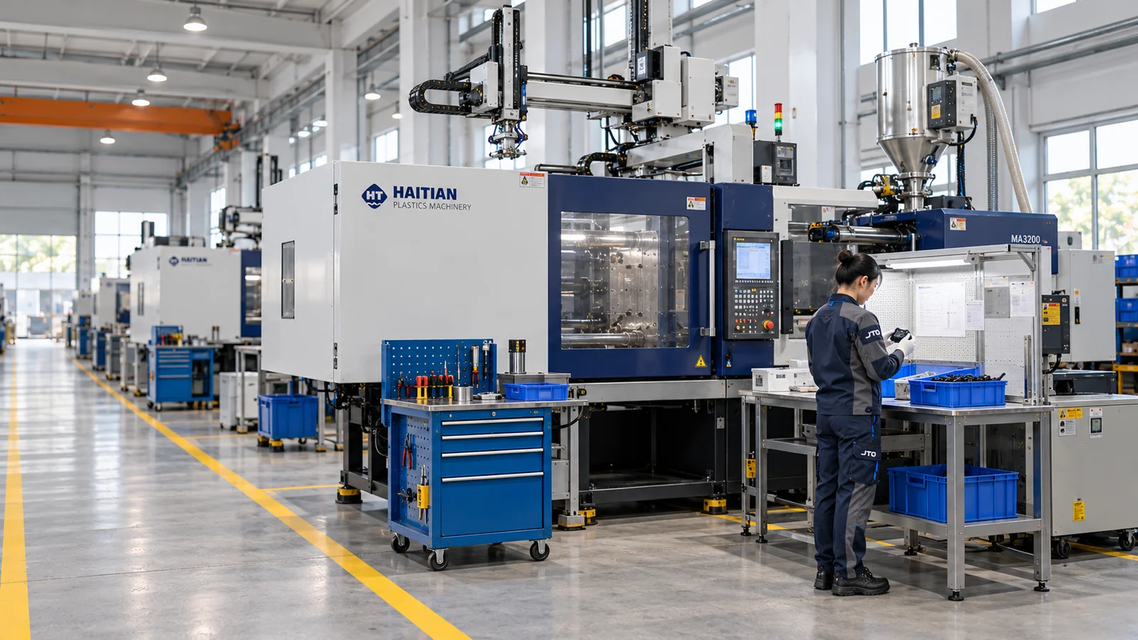 Injection molding machines with an adjacent handling station.