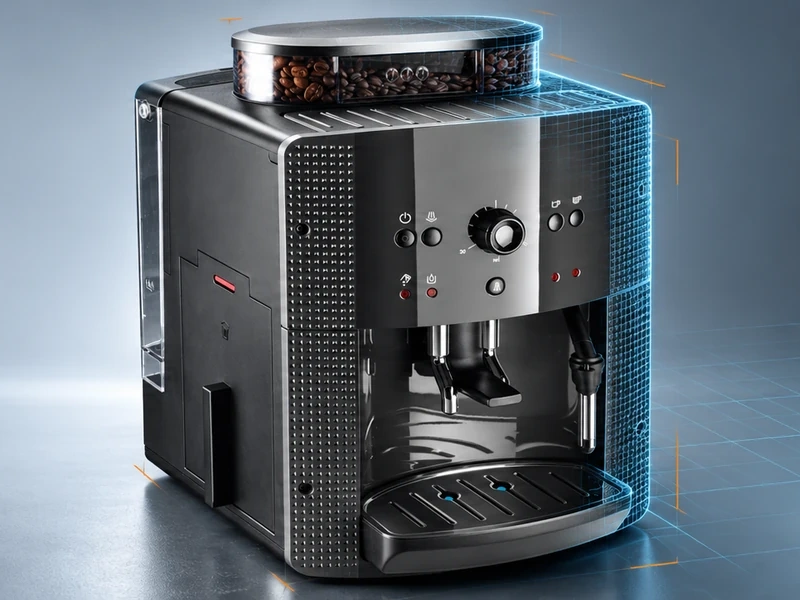 Coffee-machine application with a molded visible housing and structural assembly context.