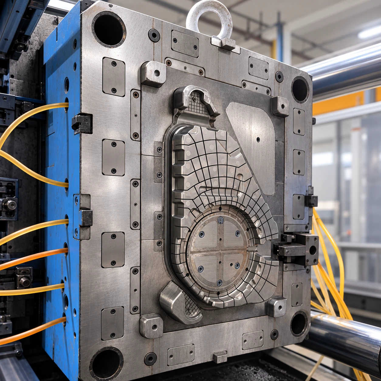 Toolmaker reviewing an open injection-mold core and cavity during precision fitting