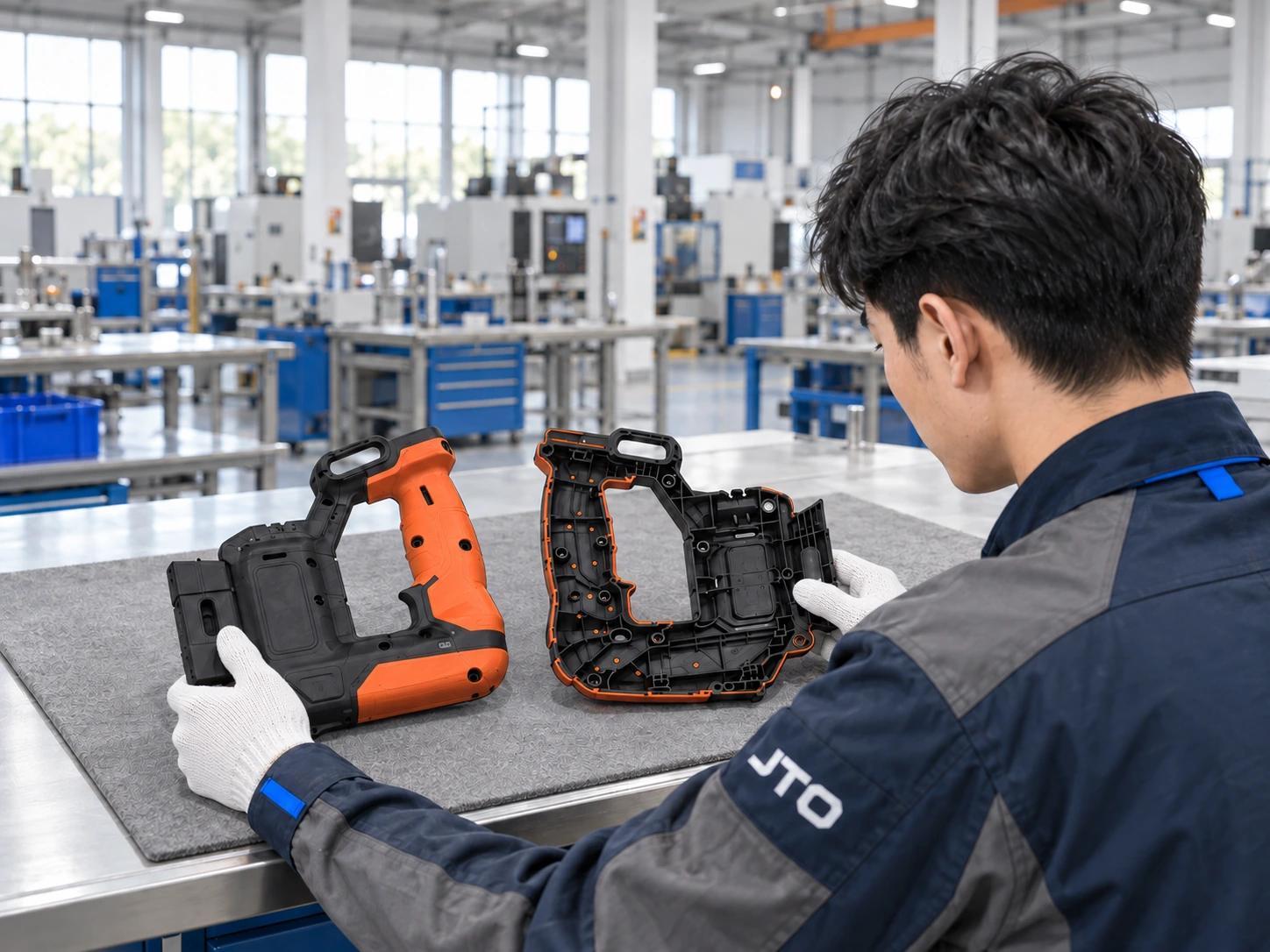 Operators assembling molded plastic components in a purpose-built alignment fixture