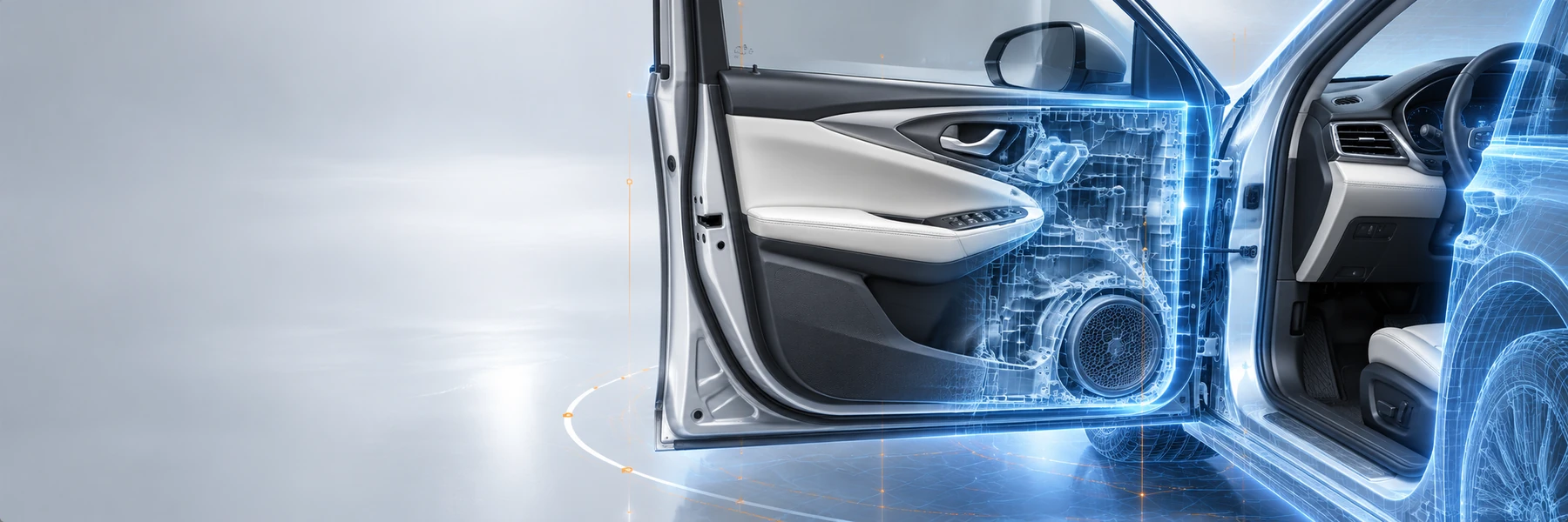 Concept visualization of automotive door trim with molded plastic structures and a transparent vehicle context.