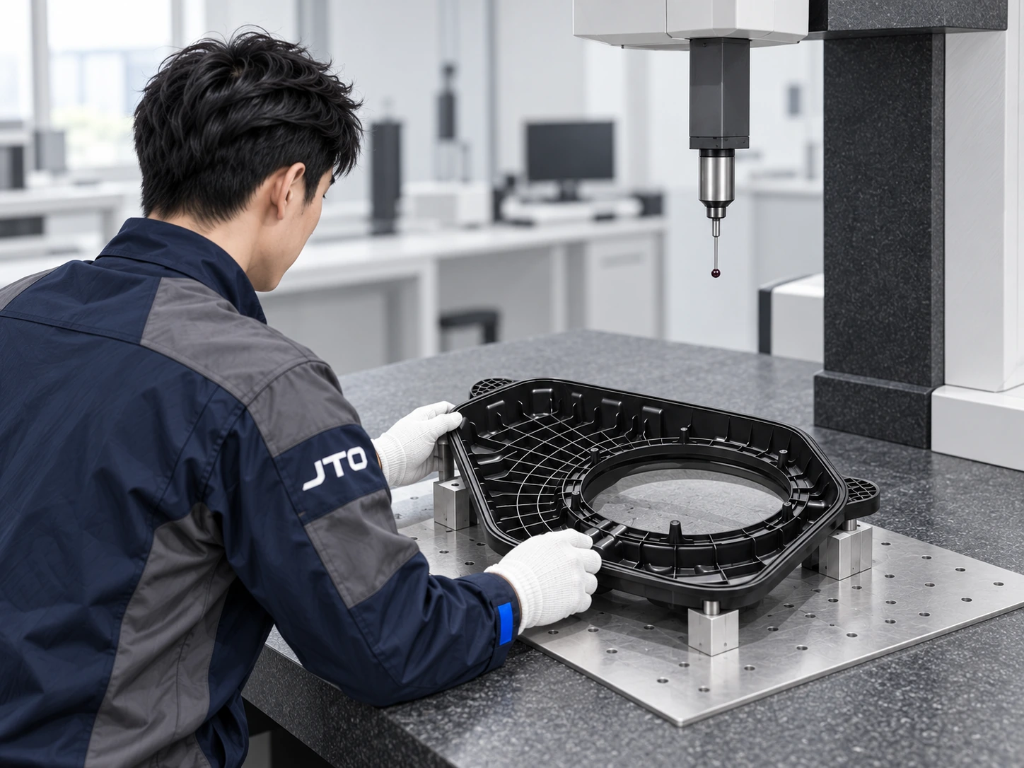 Quality technician in black gloves positioning a molded part for CMM dimensional inspection