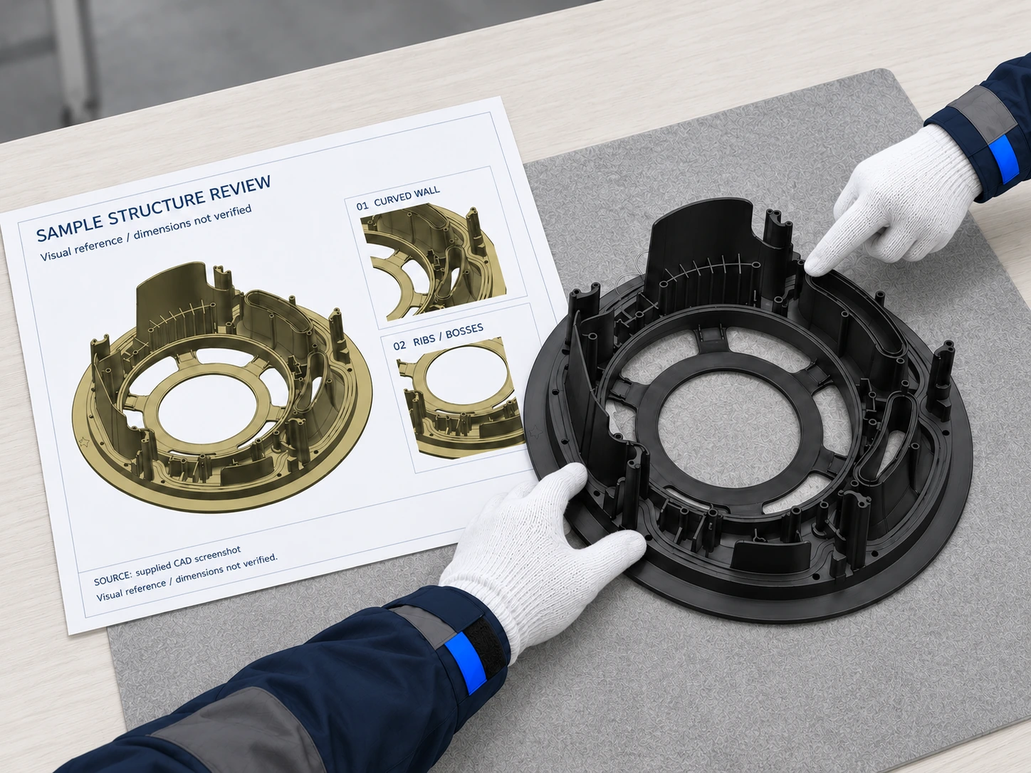 Illustrative review of a molded enclosure sample by two team members