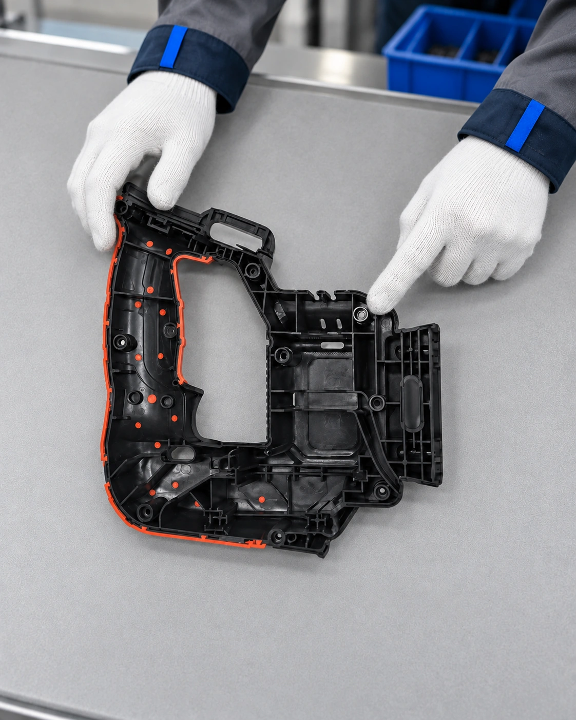 Illustrative inspection of a molded enclosure sample at a workbench.