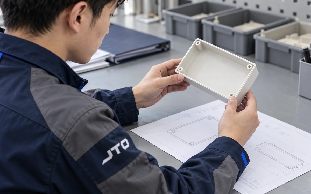 Illustrative visual review of a component held above a workbench.