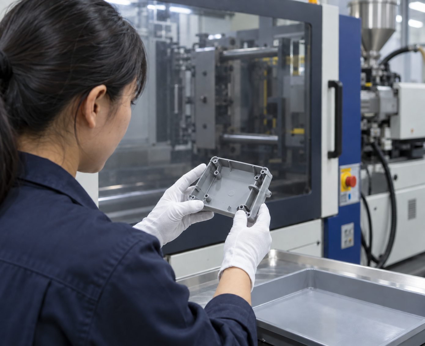 Production operator visually reviewing a freshly molded component at an injection-molding cell.