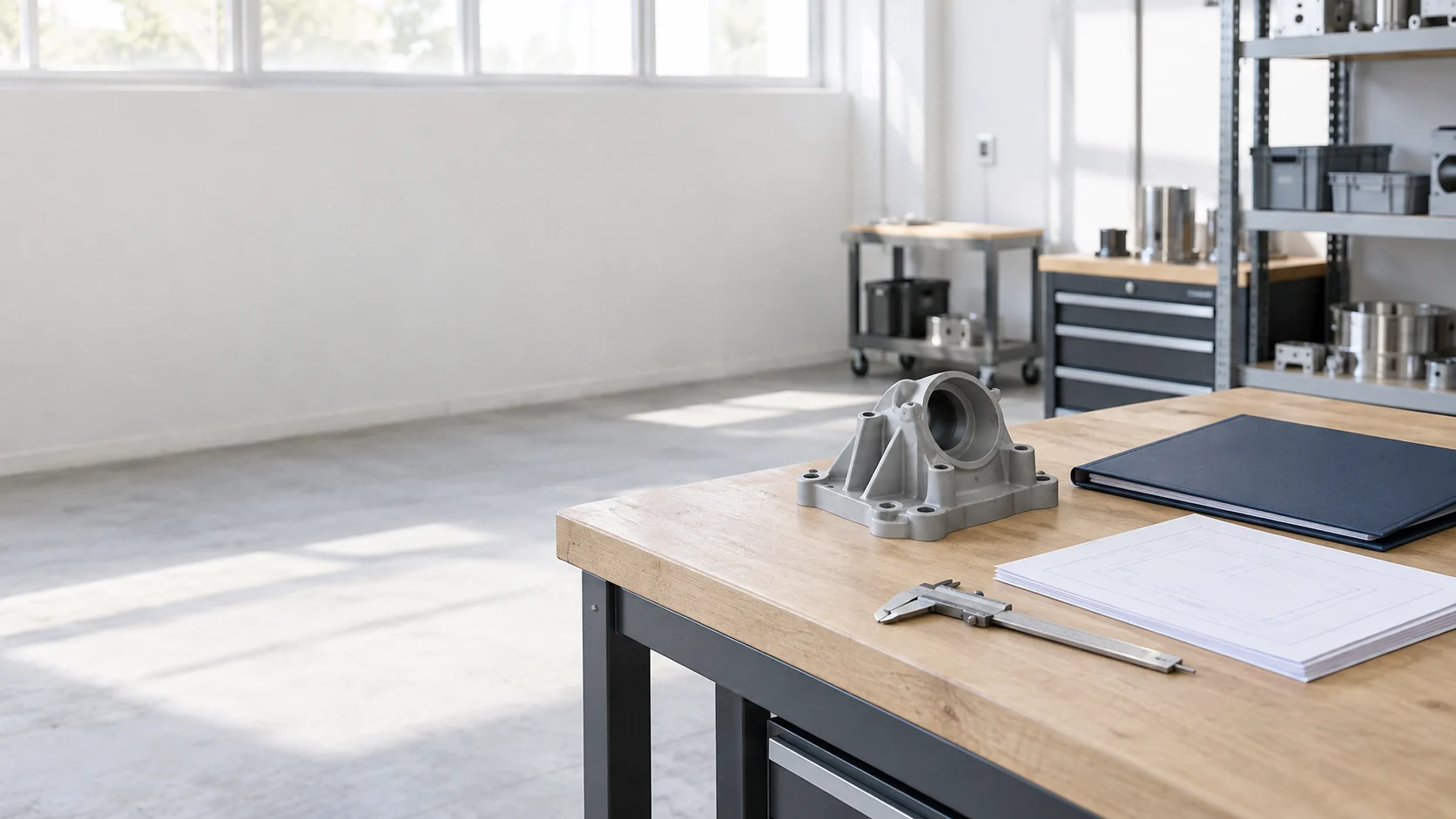 Illustrative engineering workbench with a component and documents.