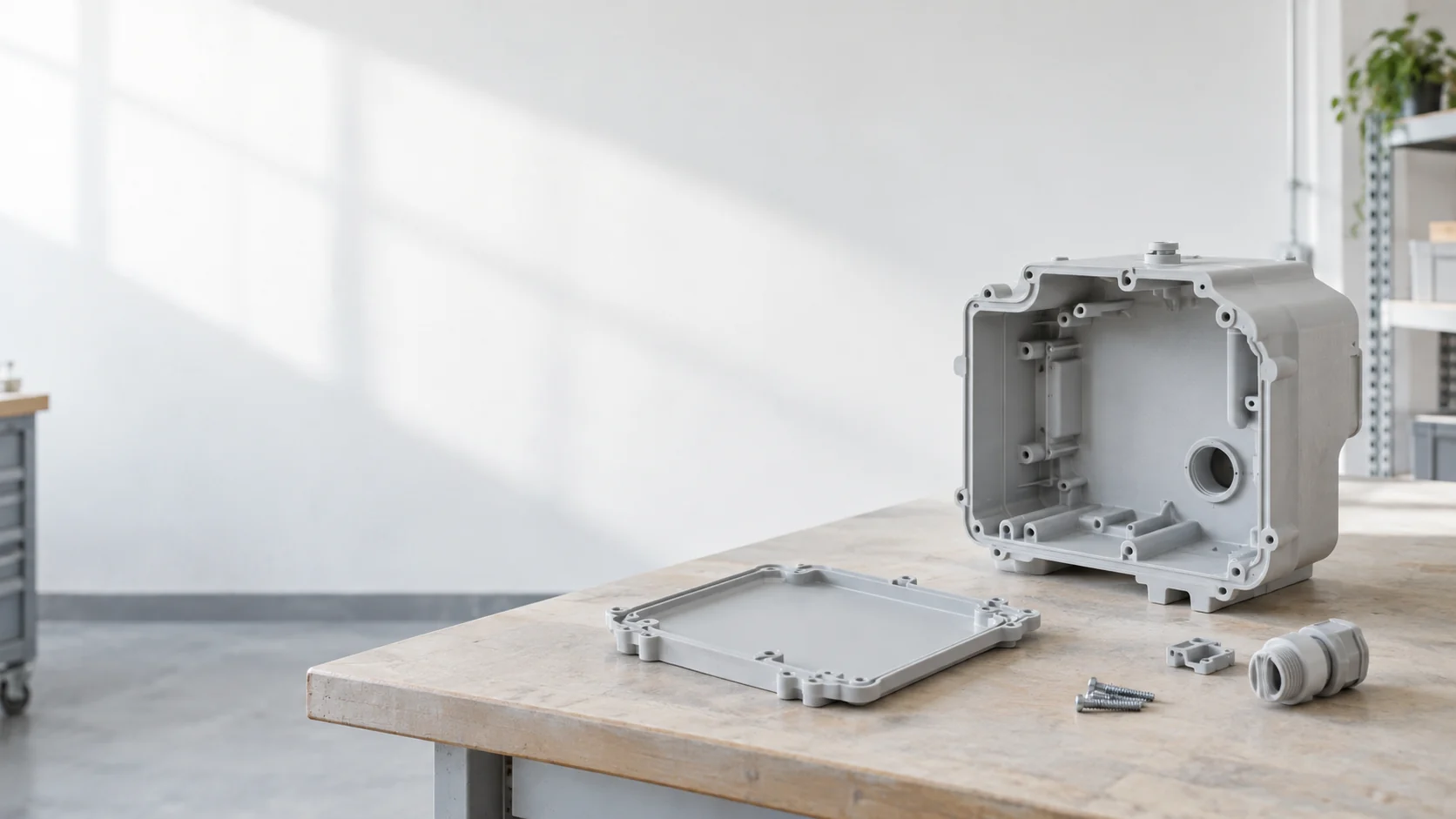 Illustrative molded housing and cover parts arranged for assembly review.