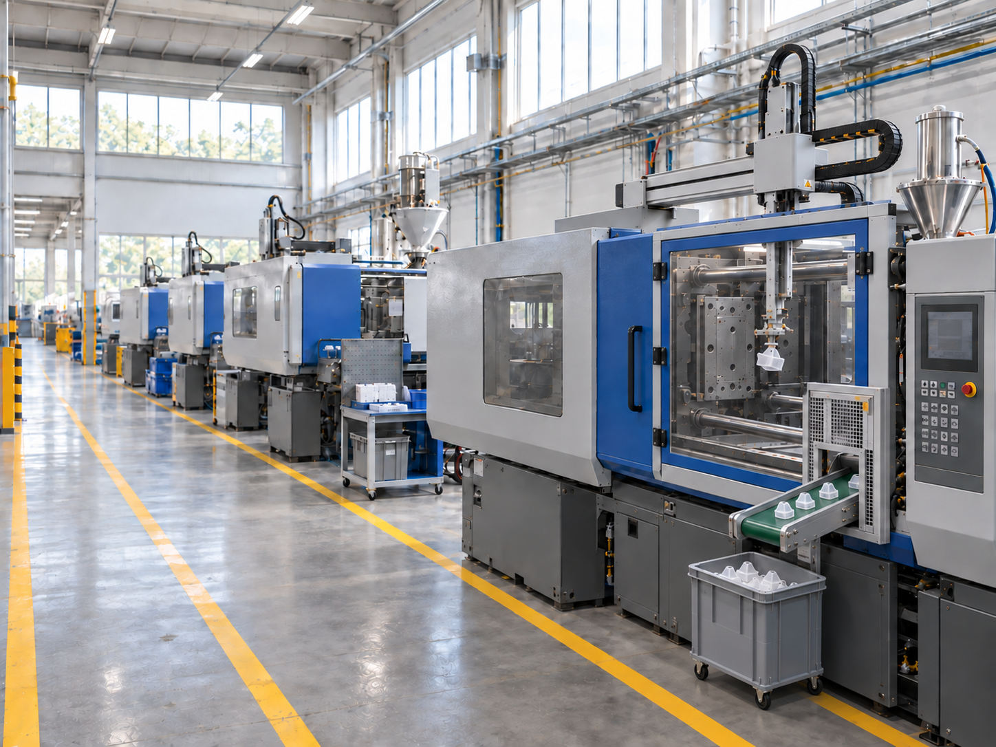 Illustrative injection molding workshop with presses, take-out equipment and an operating aisle.