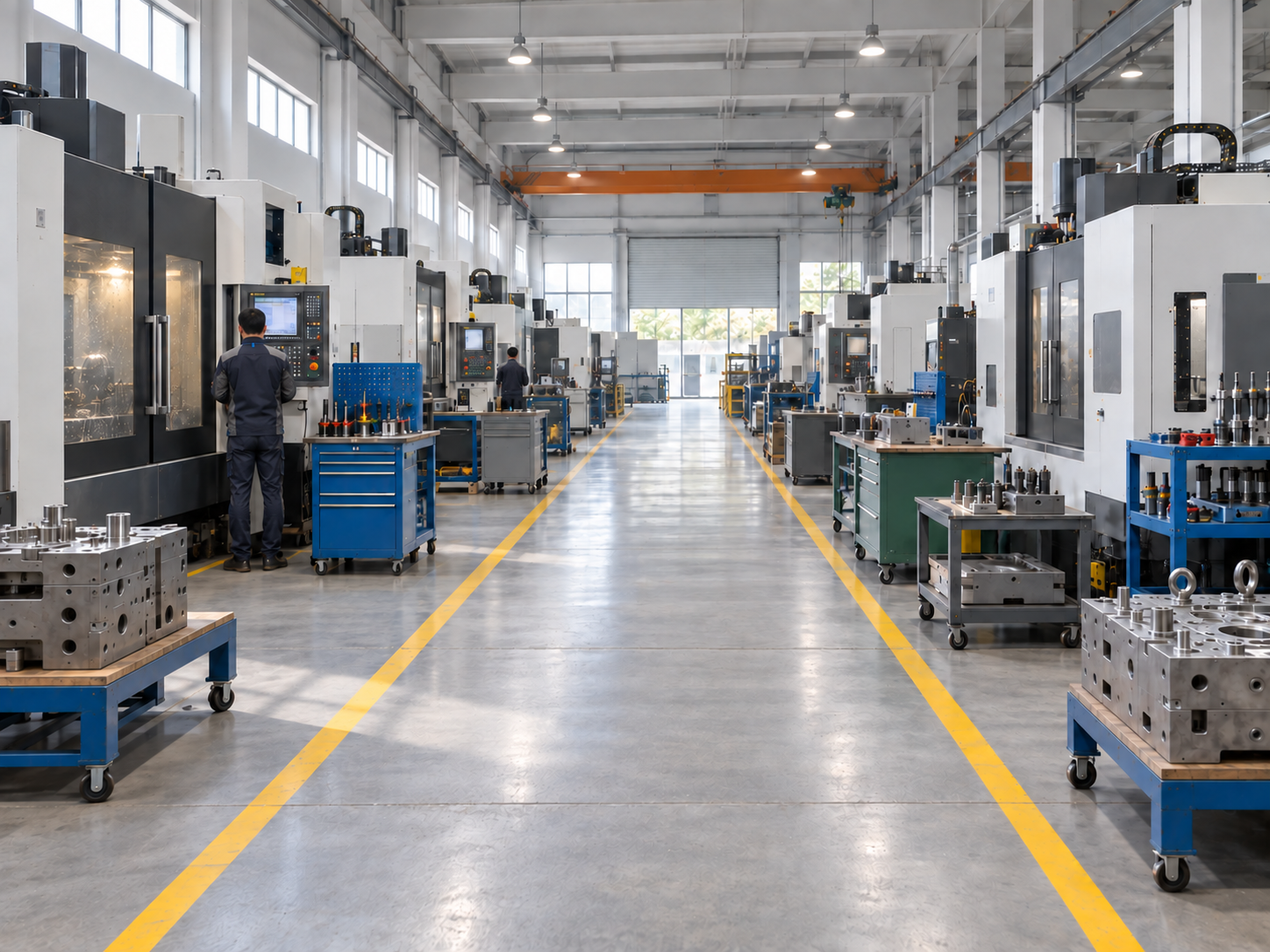 Illustrative tooling workshop with CNC machines, supported mold bases and a clear aisle.