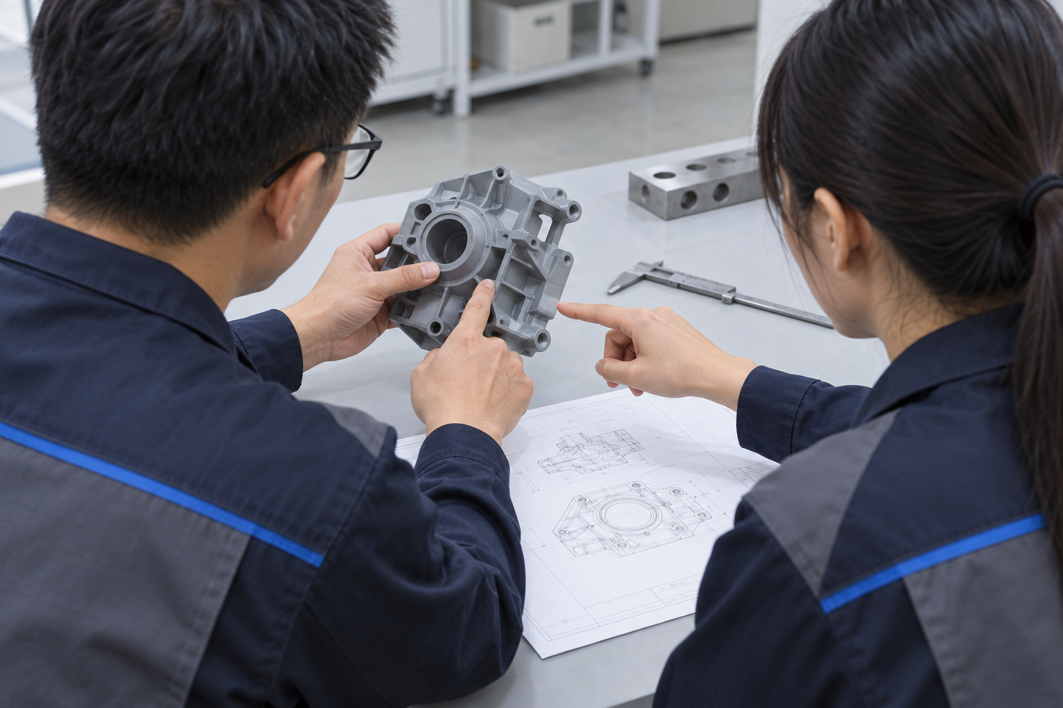 Illustrative discussion of component features at a workbench.