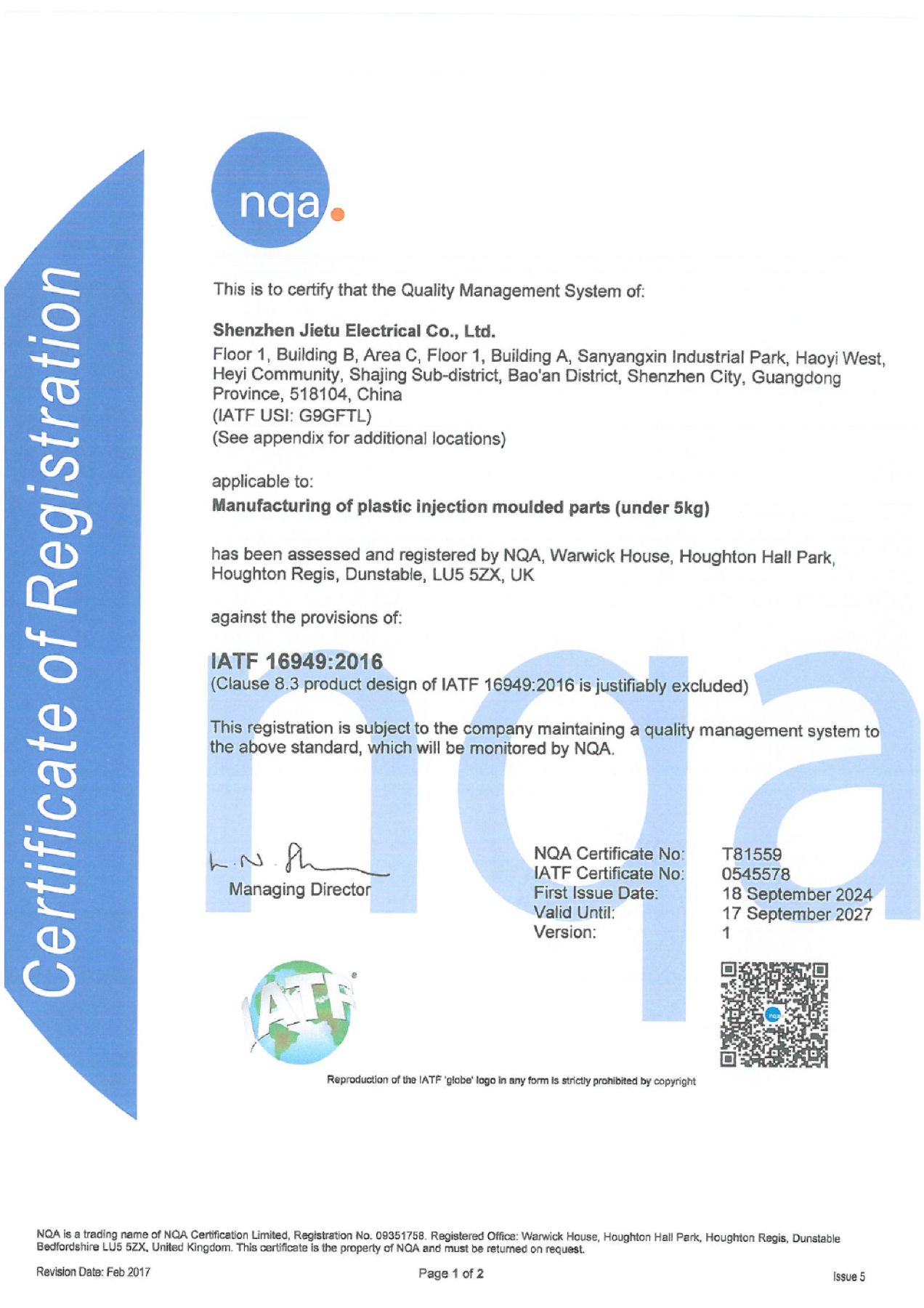 management system certificate supplied by the client for review.